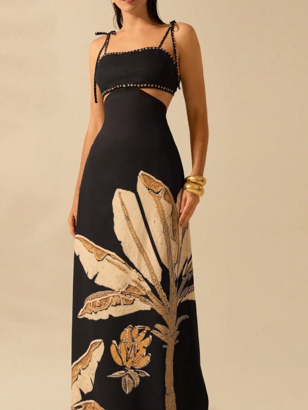 Boho Banana Print Maxi Dress Black – Summer Vacation Dress – Size M